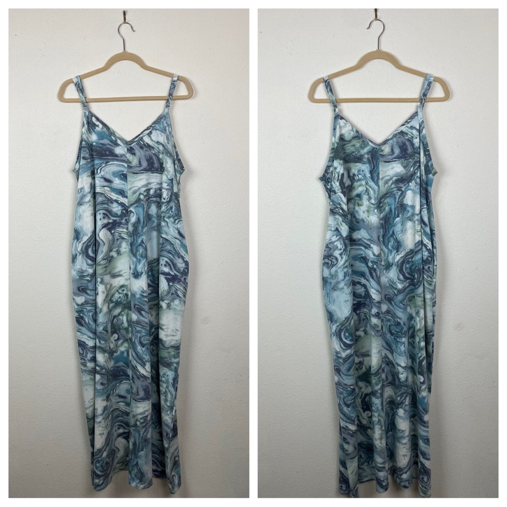 Zenana | Green Gray Cream Marble Sleeveless Maxi Dress 1X